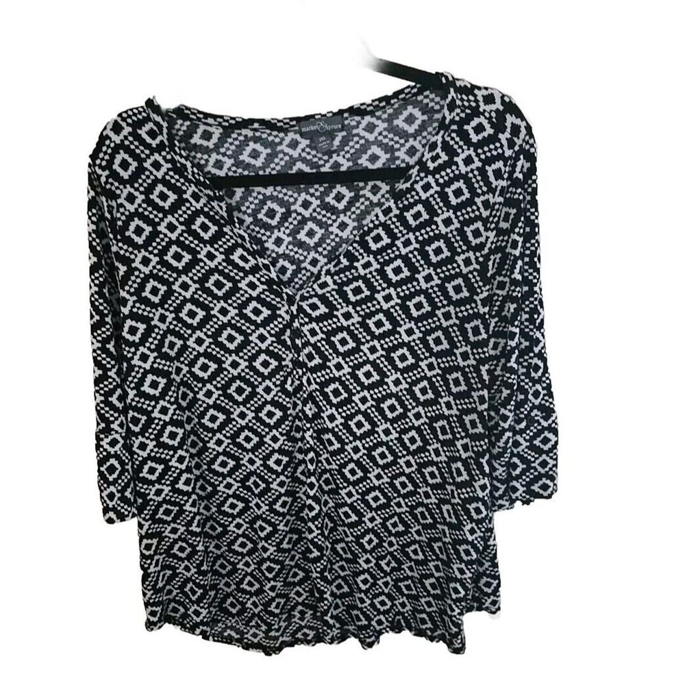 Market & Spruce Black Argyle‎ V-Neck Knit 3/4 Sleeve Casual Top Womans Size 2XL